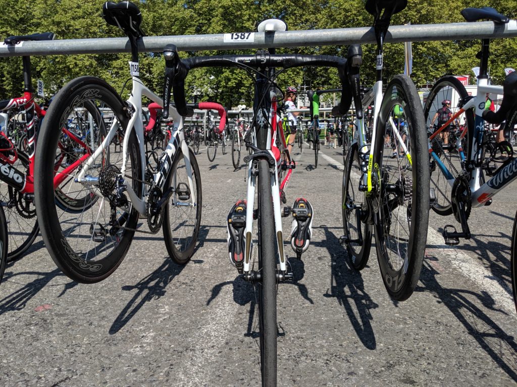 Bikes lined up the night before the race in Lausanne